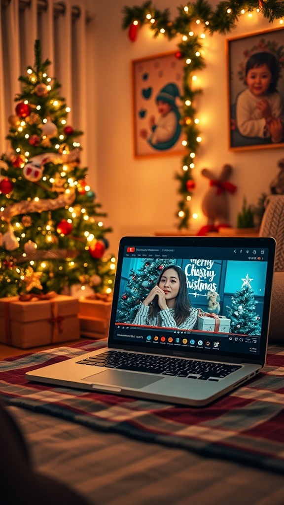 A cozy Christmas-themed YouTube video setup with a decorated tree and warm lighting.